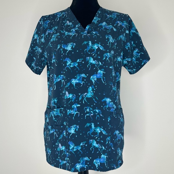 CARHARTT Women’s Force Flex Short Sleeve V-neck Pocketed Horse Print Scrub Top - Picture 2 of 9